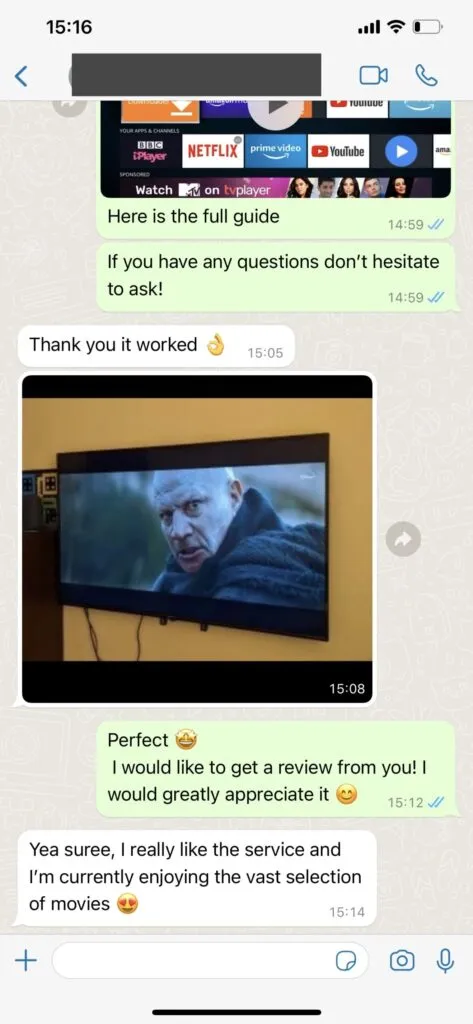 WhatsApp screenshot showing Joker IPTV activation confirmation and positive customer feedback 1