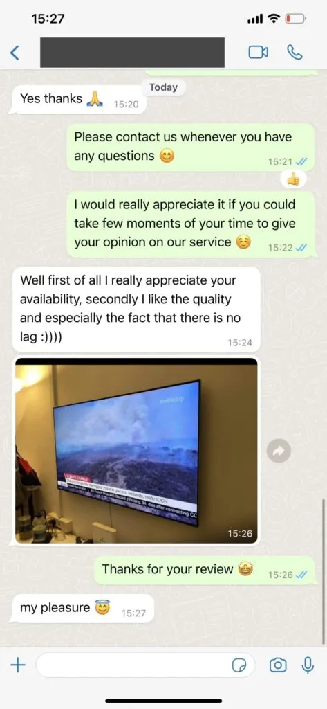 WhatsApp screenshot showing customer satisfaction and streaming setup help 2